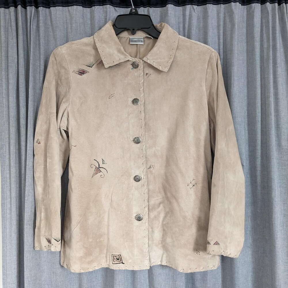 Chicos Size 2 (Large) Jacket Suede Leather Tan Western Cowboy Outdoors Southwest